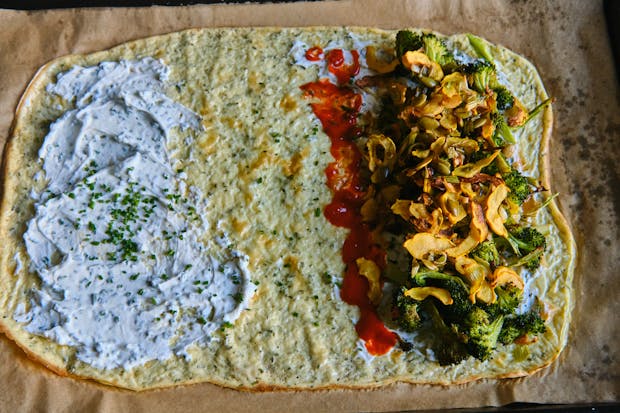 Cottage cheese wrap with fillings before rolling up